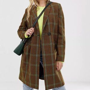 Stradivarius longline coat in brown check